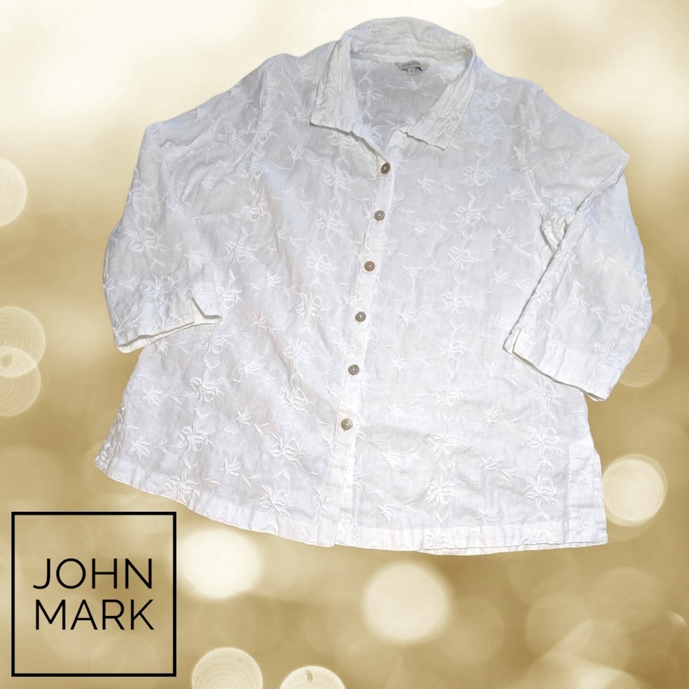 John Mark Womens Embroidered Linen 3/4 Sleeve Button Down Blouse White XL